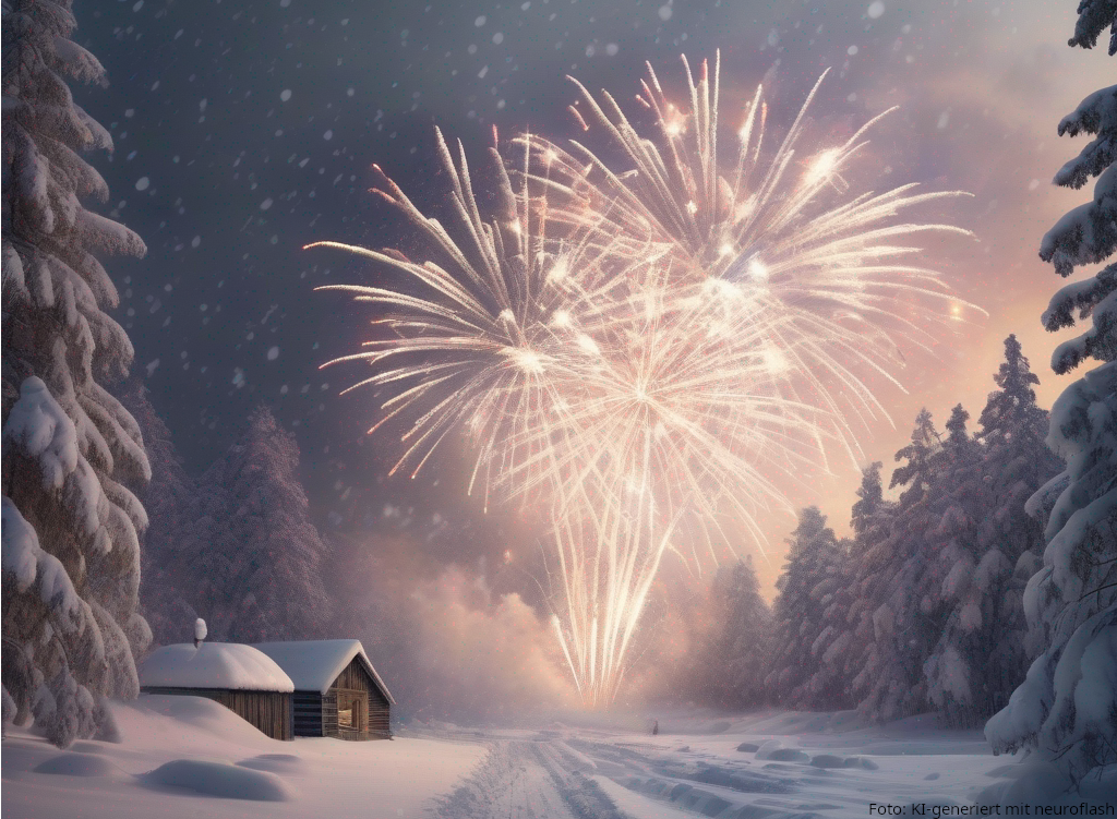 Feuerwerk über verschneiter Landschaft